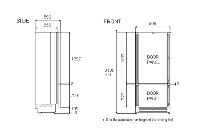 90 cm geïntegreerde koelkast met vriezer met ijsblokjesmachine en waterdispenser | Bertazzoni
